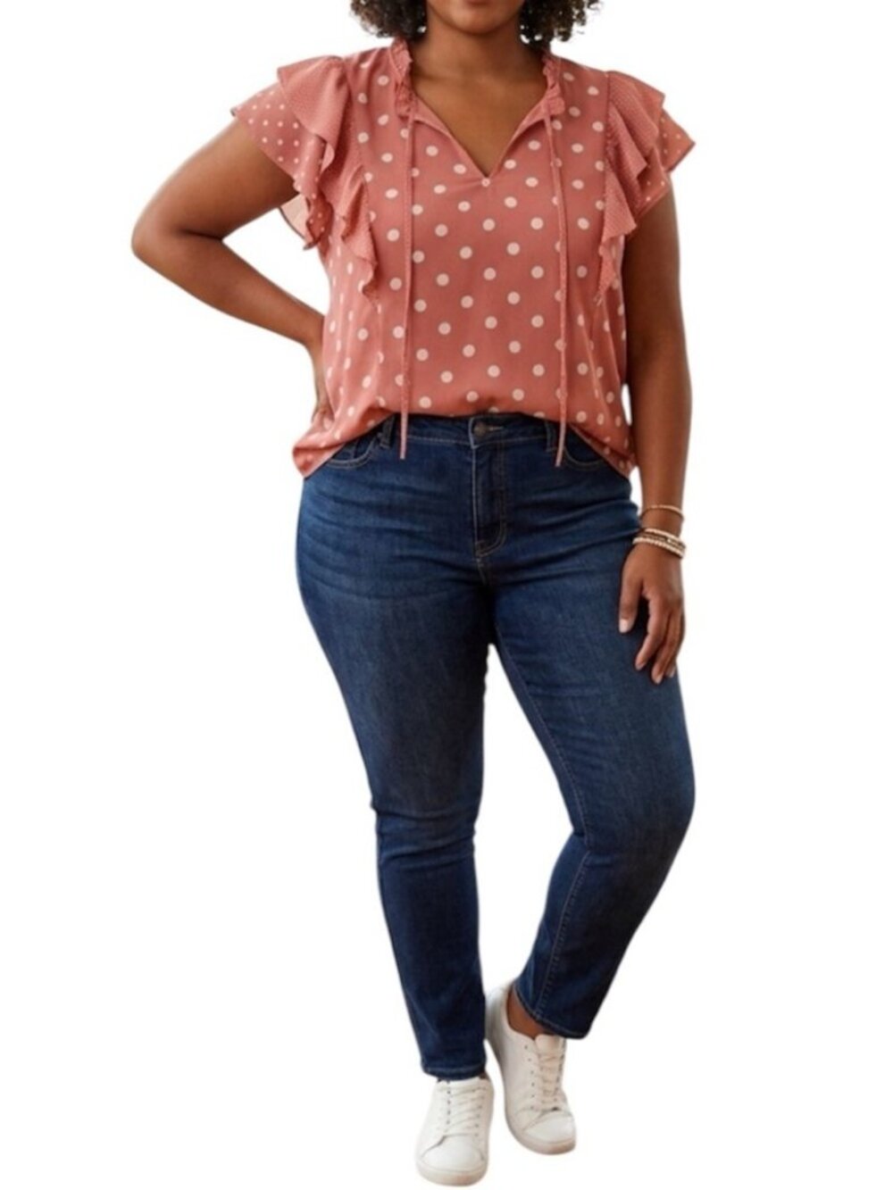 Perch by Blu Pepper Pink Ruffle Sleeve Polka Dot Boho Beachy Blouse Size 3XL